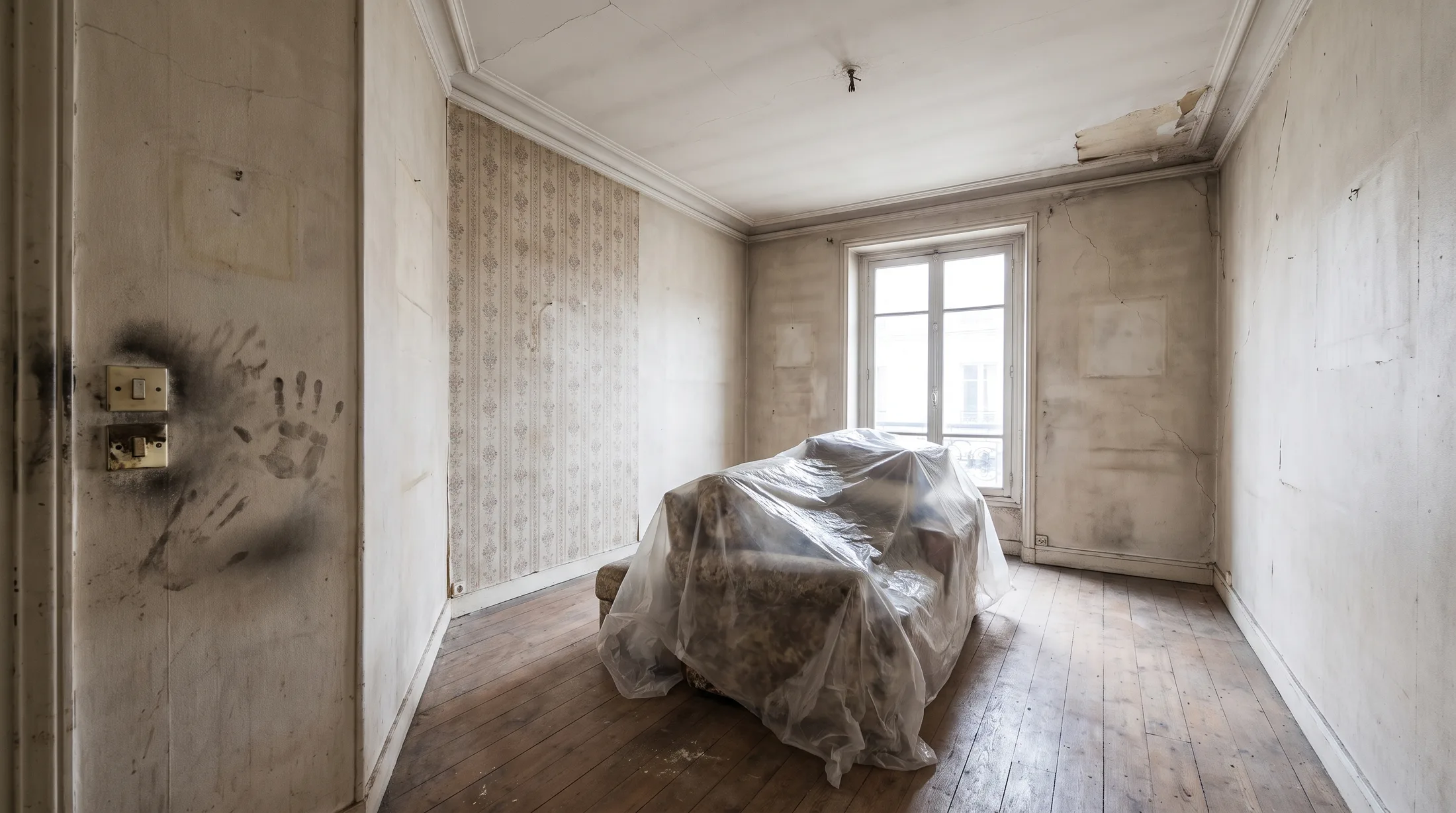 Illustration avant/après : le même salon avant travaux.
